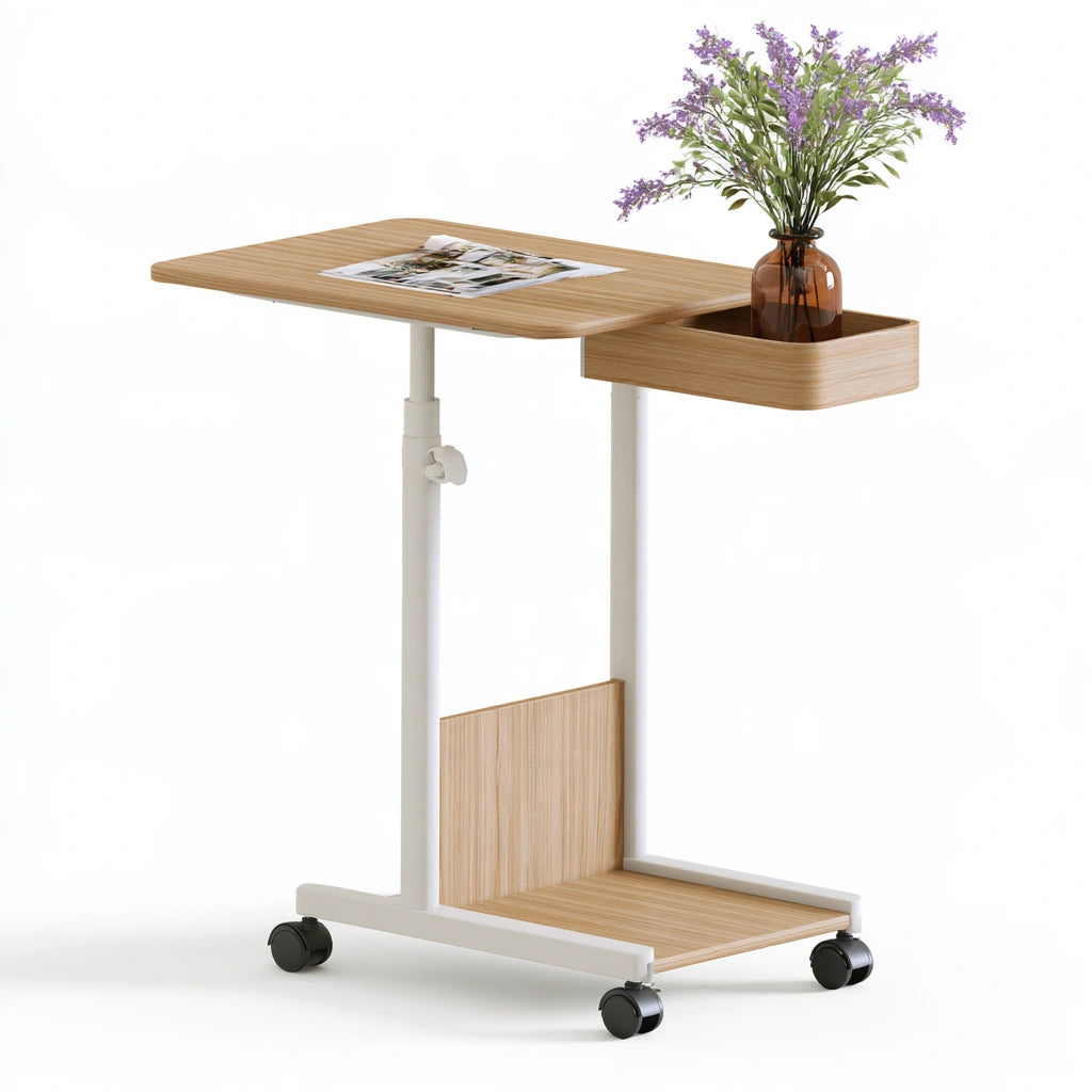 Table de lit réglable en bois sur roulettes, coloris brun clair