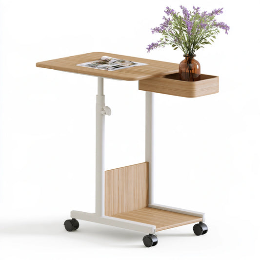 Table de lit réglable en bois sur roulettes, coloris brun clair